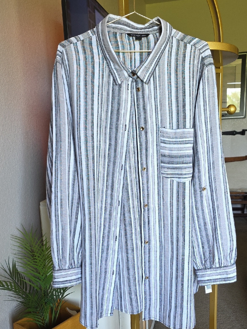 Zac & Rachel White and Gray Vertical Stripe Button-Down Shirt 3X Linen Blend